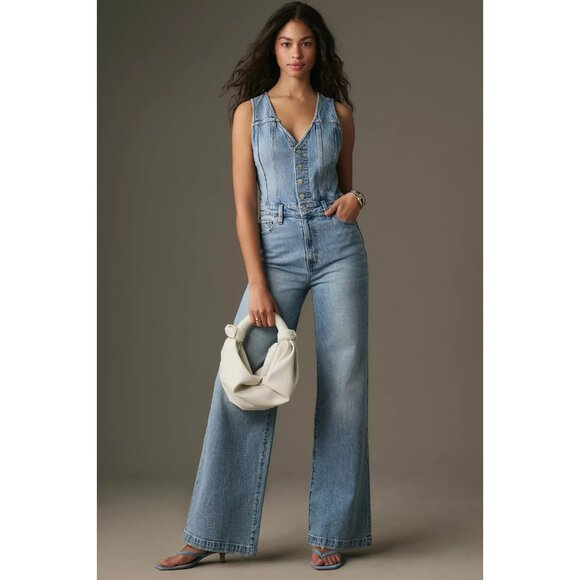 NWT Pistola Aria in Essence Fitted Vest Wide Leg Heavyweight Denim Jumpsuit L - Picture 4 of 11